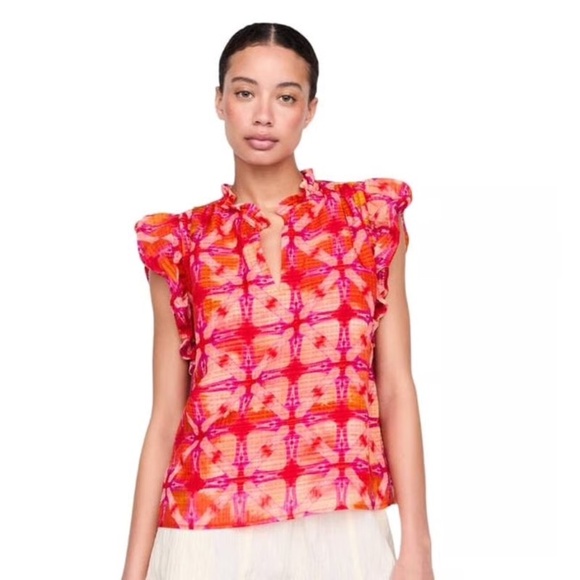 EUC Marie Oliver Maison Ruffled Split Neck Top Blouse Shirt in Guava Size MEDIUM - Picture 1 of 4